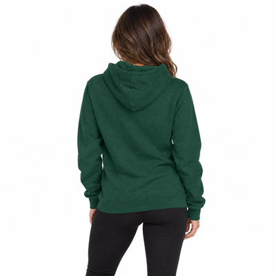 A woman viewed from the back wearing a dark green pullover hoodie and black leggings against a plain white studio background.