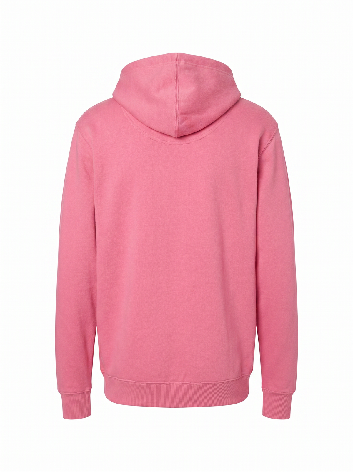 A pink pullover hoodie shown from the back, featuring a classic hood, long sleeves, and ribbed cuffs and hem, displayed on a clean white background.