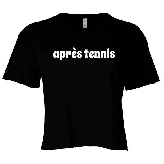 Black t-shirt with 'apres tennis' text on a white background
