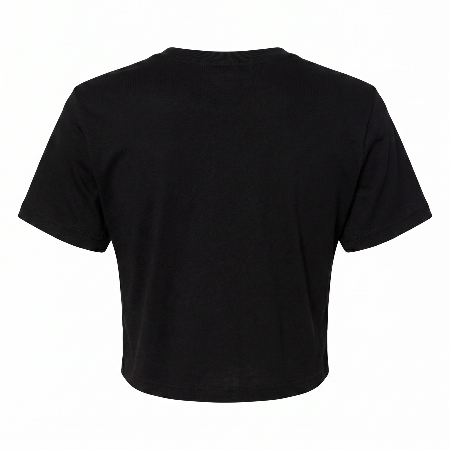 A black short-sleeve crop top t-shirt shown from the back, photographed against a solid white background.