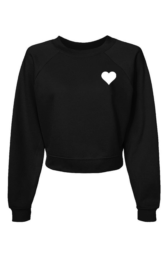 Black sweatshirt with a white heart design on a white background