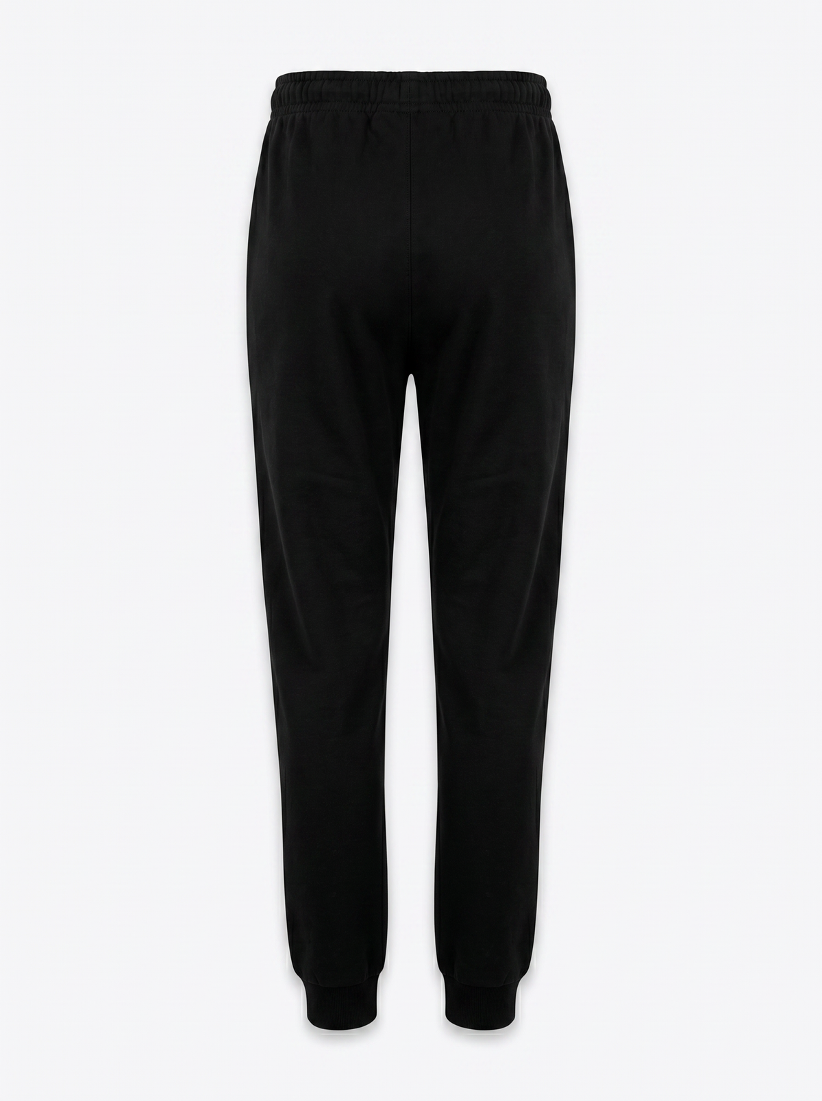 Black sweatpants with an elastic waistband and ribbed ankle cuffs, shown from the back on a light gray background.