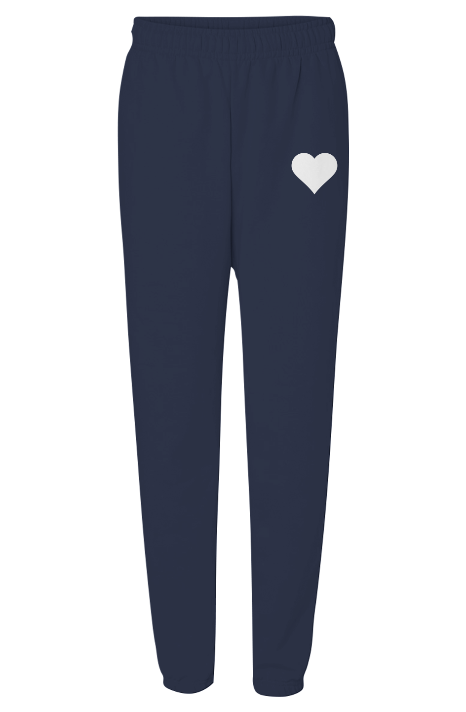 Navy sweatpants with white heart logo on flat white background