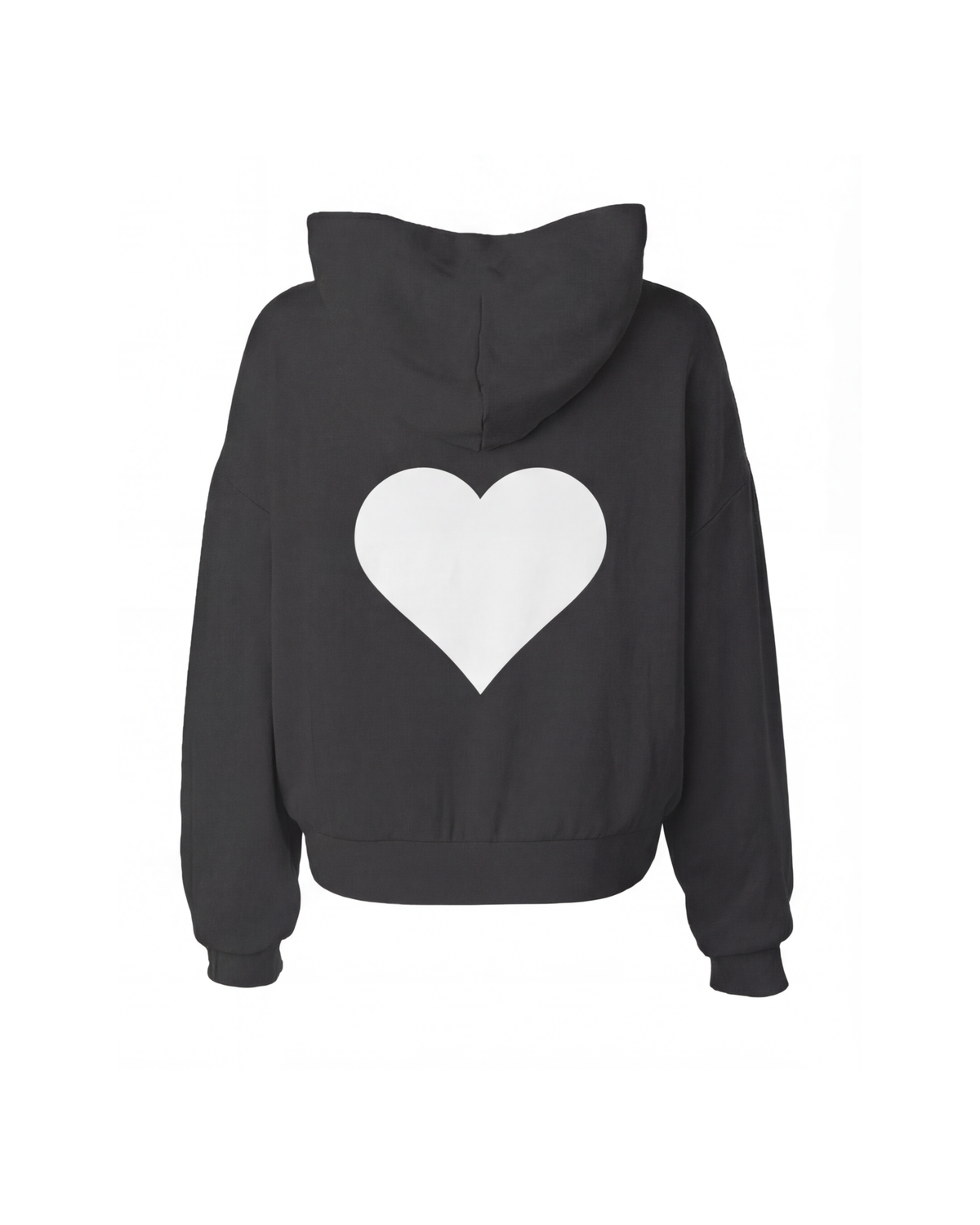 Black hoodie with a white heart design on the back against a white background