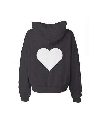 Black hoodie with a white heart design on the back against a white background