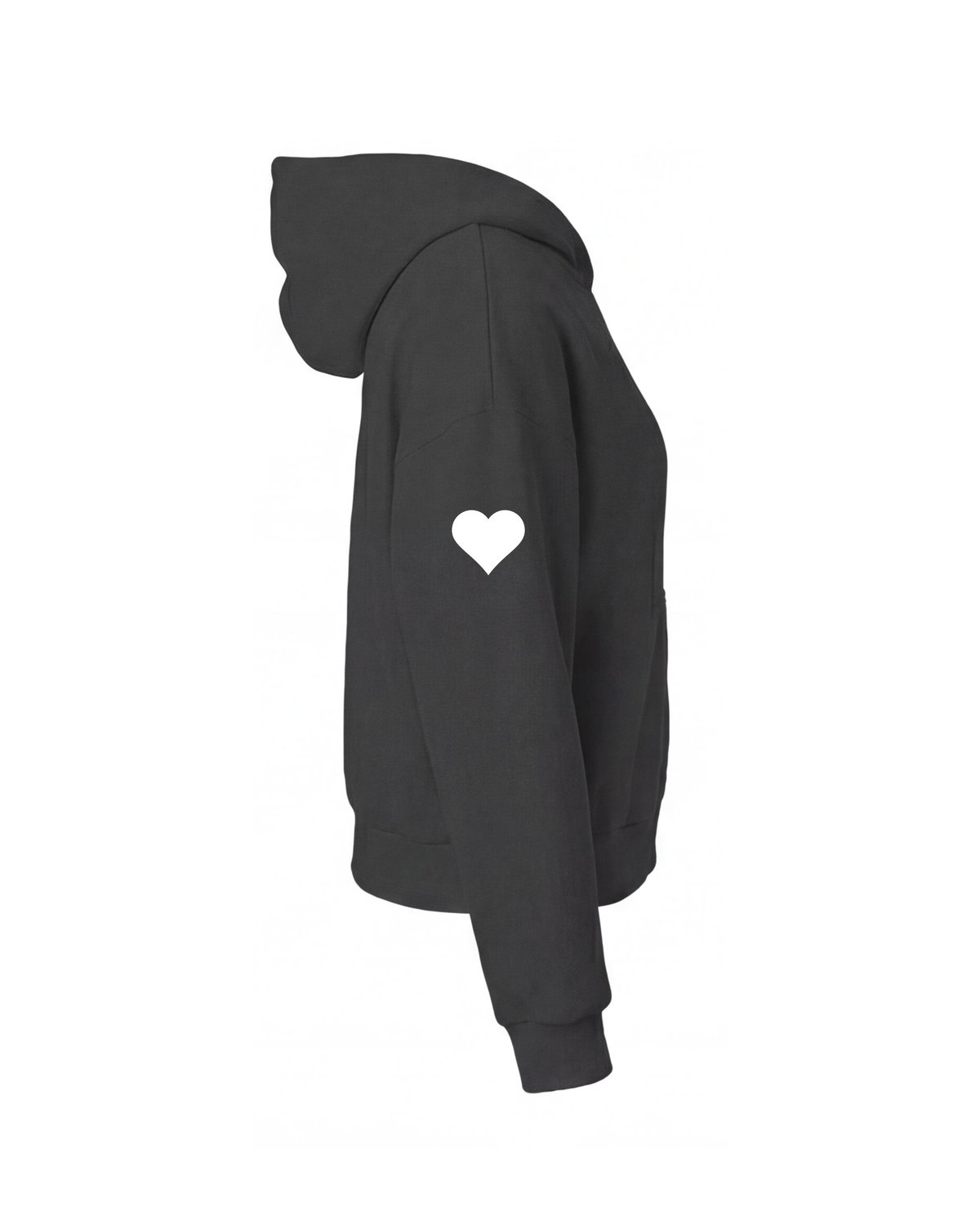 Black hoodie with white heart logo on the sleeve on white background