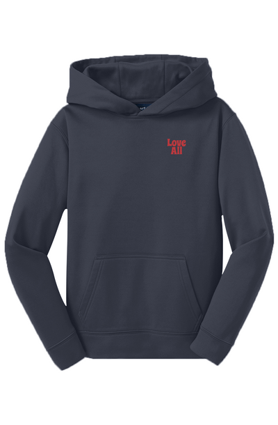 Navy hoodie with "Love All" in red text on the left side of the chest on flat white background