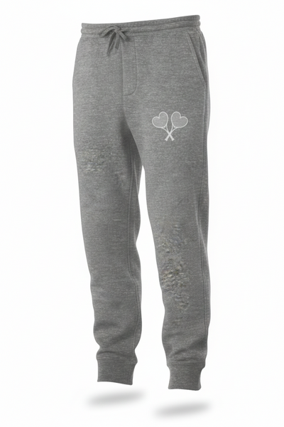 Gray sweatpants with a logo on a white background