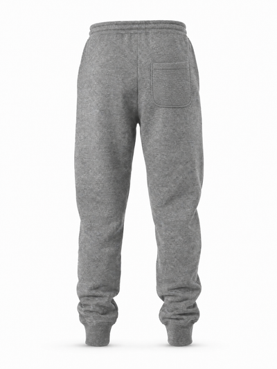 A pair of heather gray sweatpants shown from the back, featuring an elastic waistband, a single back pocket, and ribbed ankle cuffs, displayed on a clean white background.
