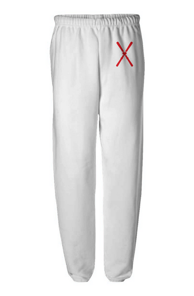 White sweatpants with a red logo on a white background
