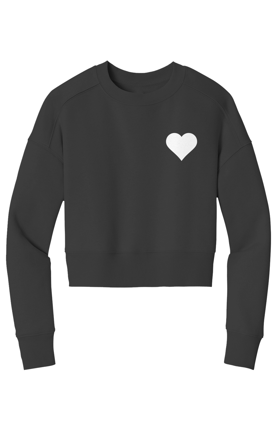 Black sweatshirt with a white heart on a white background