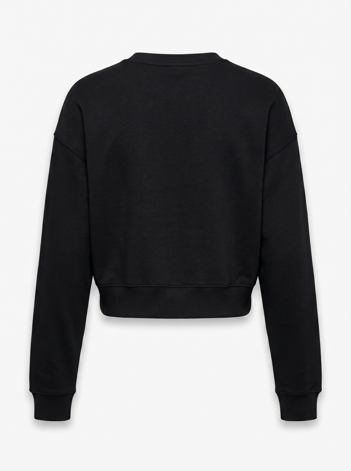 A black cropped crewneck sweatshirt shown from the back, featuring long sleeves with ribbed cuffs and a ribbed hem, displayed on a clean white background.