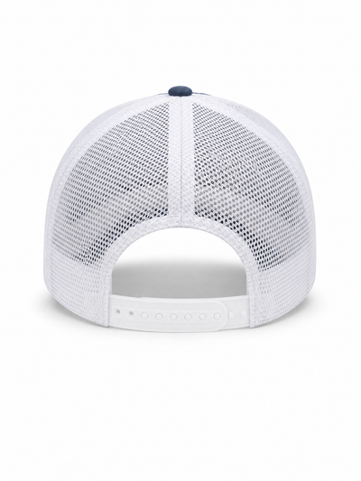 White mesh trucker cap viewed from the back, featuring a white structured front panel, adjustable snap closure, and a small navy blue button on top.