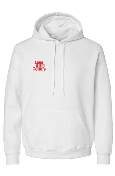 White hoodie with red logo on plain white background