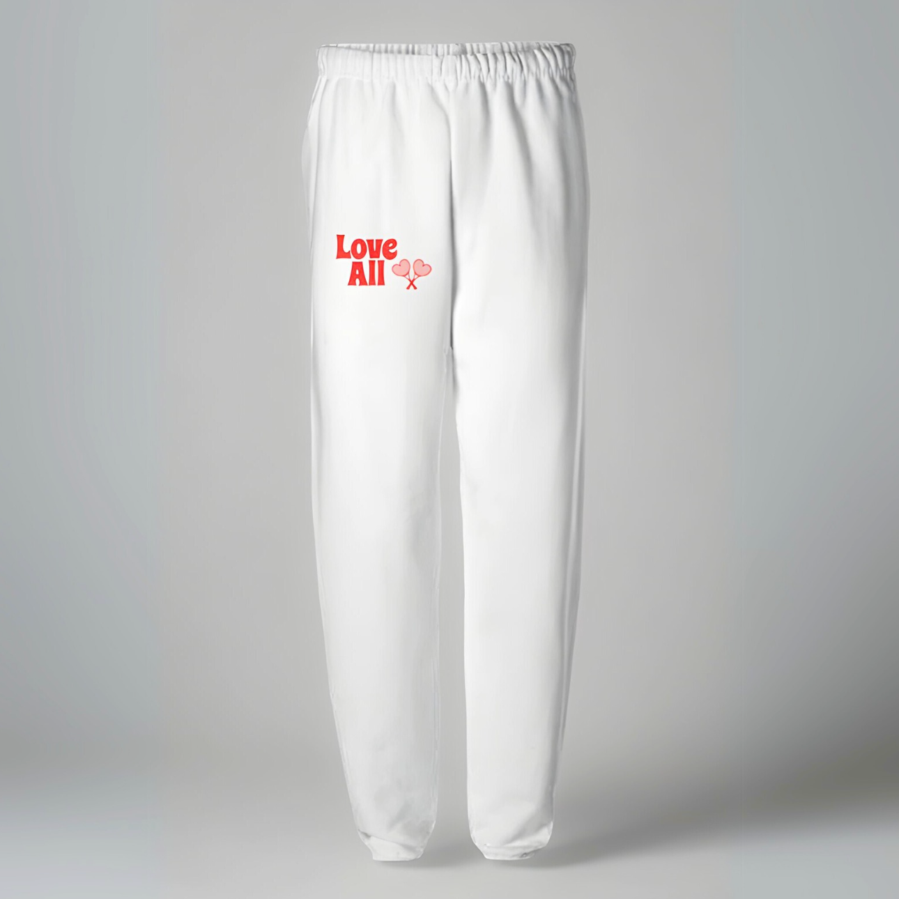 White sweatpants with red text on a gray background