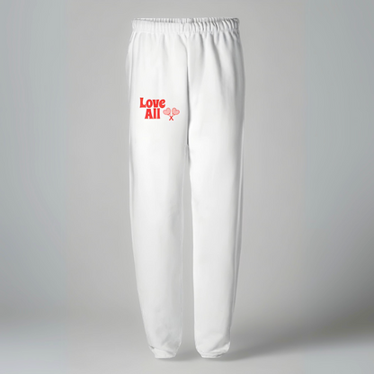 White sweatpants with red text on a gray background