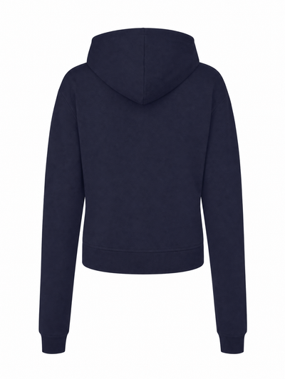 A dark navy blue cropped hoodie shown from the back, featuring a simple hood and long sleeves, displayed on a clean white background.