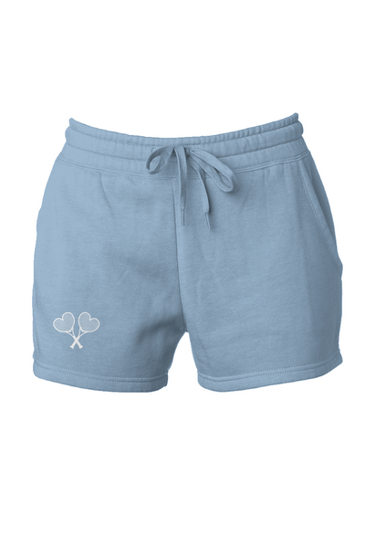Light blue shorts with a logo on a white background