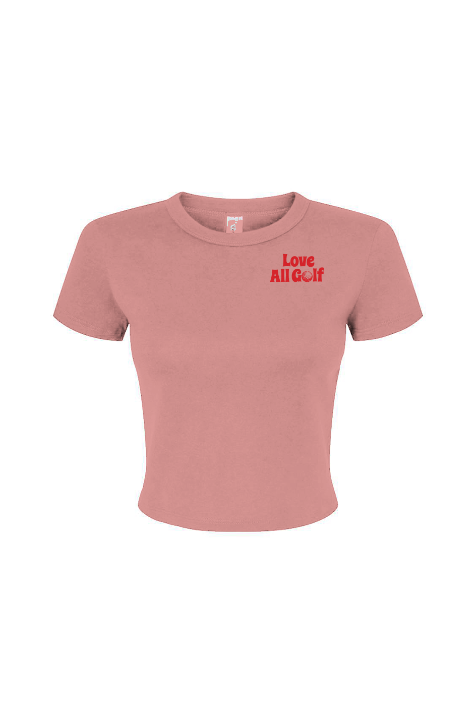 Pink t-shirt with 'Love All Golf' text on a white background