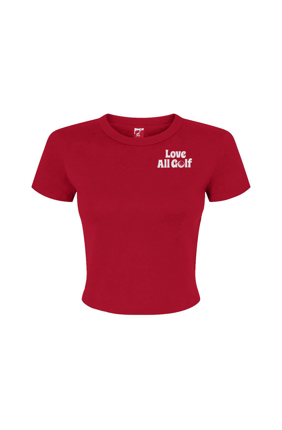 Red t-shirt with "All Love Golf" on the chest set against a white background