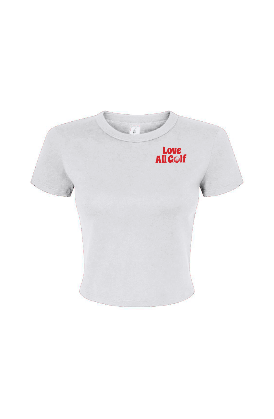 White baby tee with "Love All Golf" on the chest set against a white background