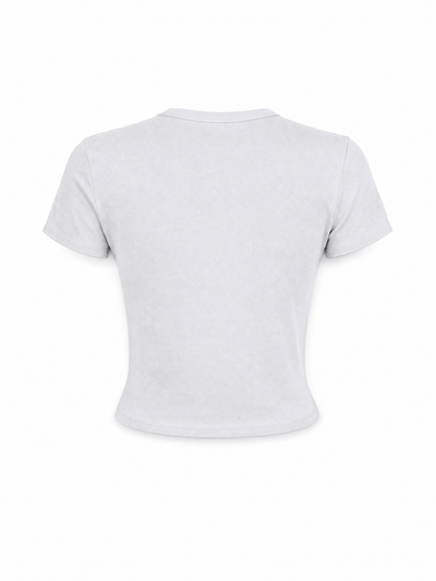 A white short-sleeve crop top shown from the back, displayed on a clean white background.