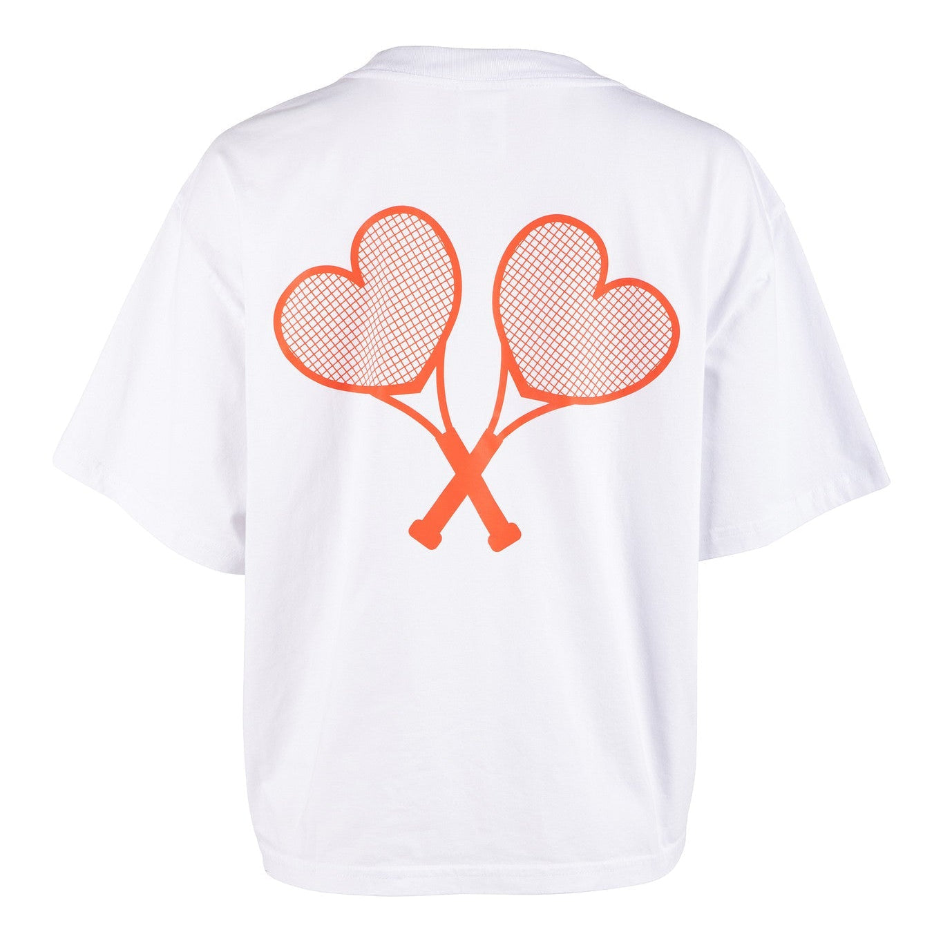 White t-shirt with red heart-shaped tennis rackets on a white background