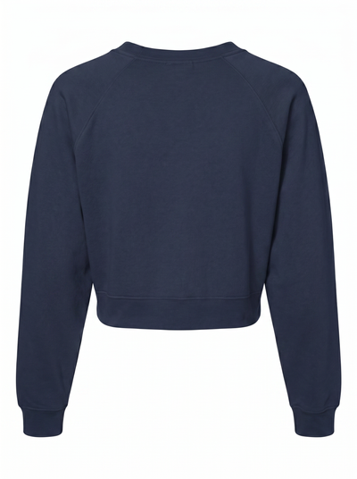 A navy blue cropped crewneck sweatshirt with raglan sleeves, shown from the back on a plain white background.