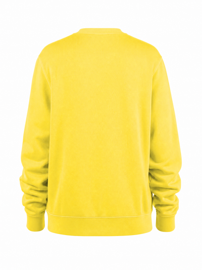 A bright yellow crewneck sweatshirt shown from the back, displayed on a clean white background.