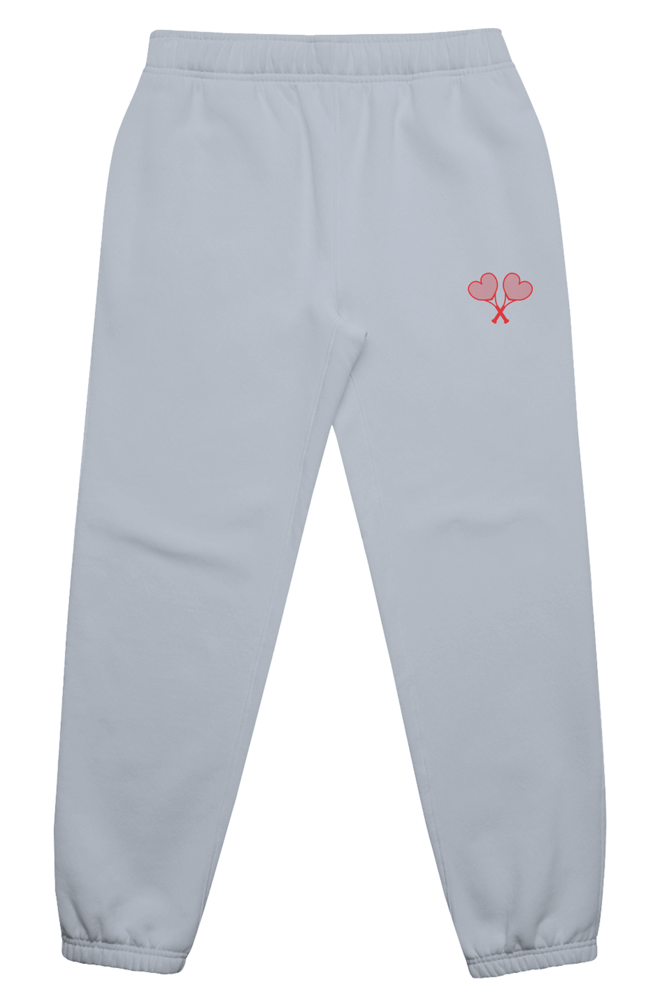 Light gray sweatpants with a red heart and tennis racket design on a white background