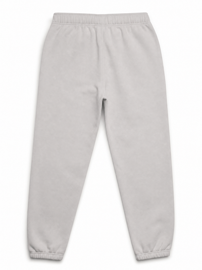 A pair of light gray sweatpants with an elastic waistband and ribbed ankle cuffs, shown flat against a white background.