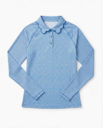 A long-sleeve collared shirt with a blue and white gingham pattern, laid flat against a light off-white background.