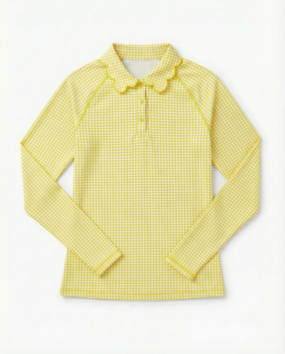 A yellow and white gingham long-sleeve collared shirt with a three-button placket, laid flat against a white background.
