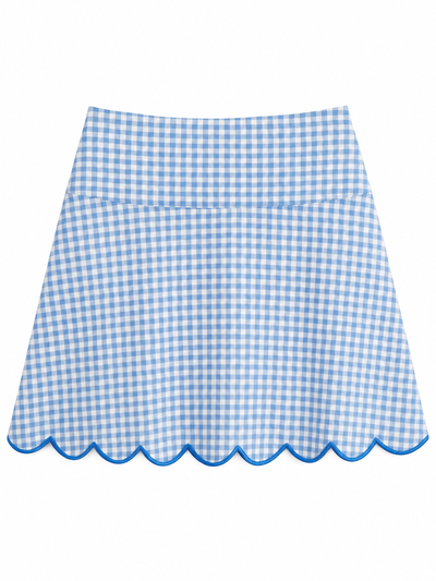 A blue and white gingham check flared skirt with a scalloped hem and solid blue waistband, shown flat against a white background.