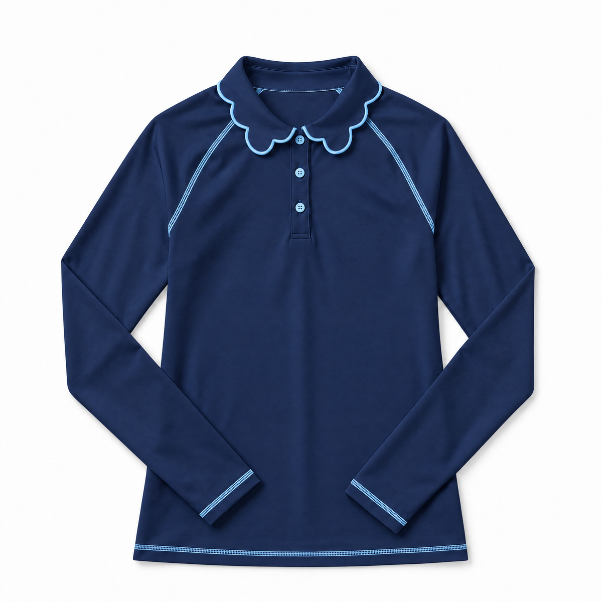 A navy blue long-sleeve polo shirt with a scalloped collar and light blue piping details, displayed flat against a white background.