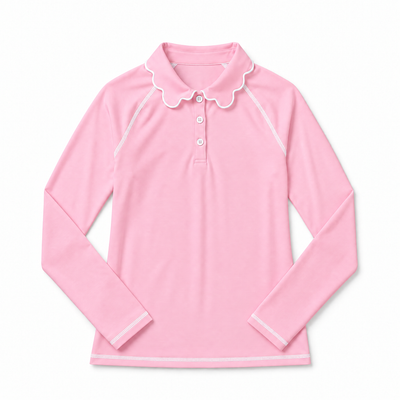 A pink long-sleeve polo shirt with a scalloped white collar and white contrast stitching, laid flat against a white background.