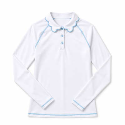 A white long-sleeve polo-style top with a scalloped Peter Pan collar, three light blue buttons, and light blue contrast stitching along the collar, sleeve cuffs, and hem, displayed flat against a white background.