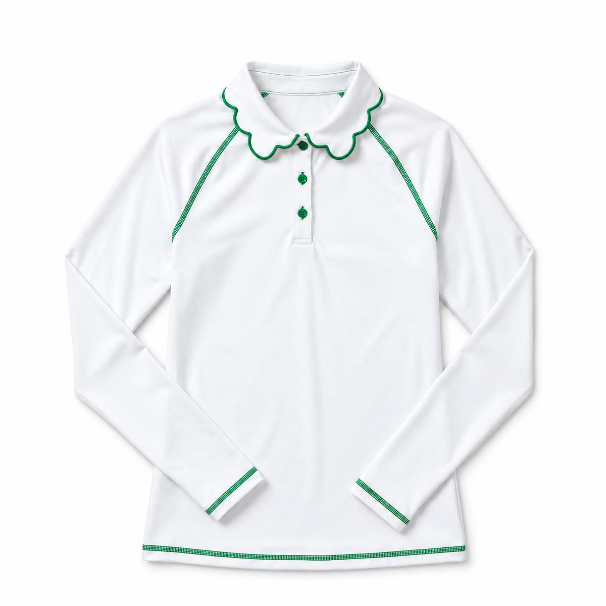 White long sleeve athletic top with green trim and a peter pan collar set against a flat white background