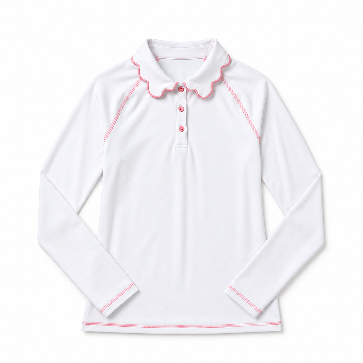 White long sleeve athletic top with a peter pan collar and pink trim set against a flat white background