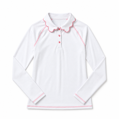White long sleeve athletic top with a peter pan collar and pink trim set against a flat white background