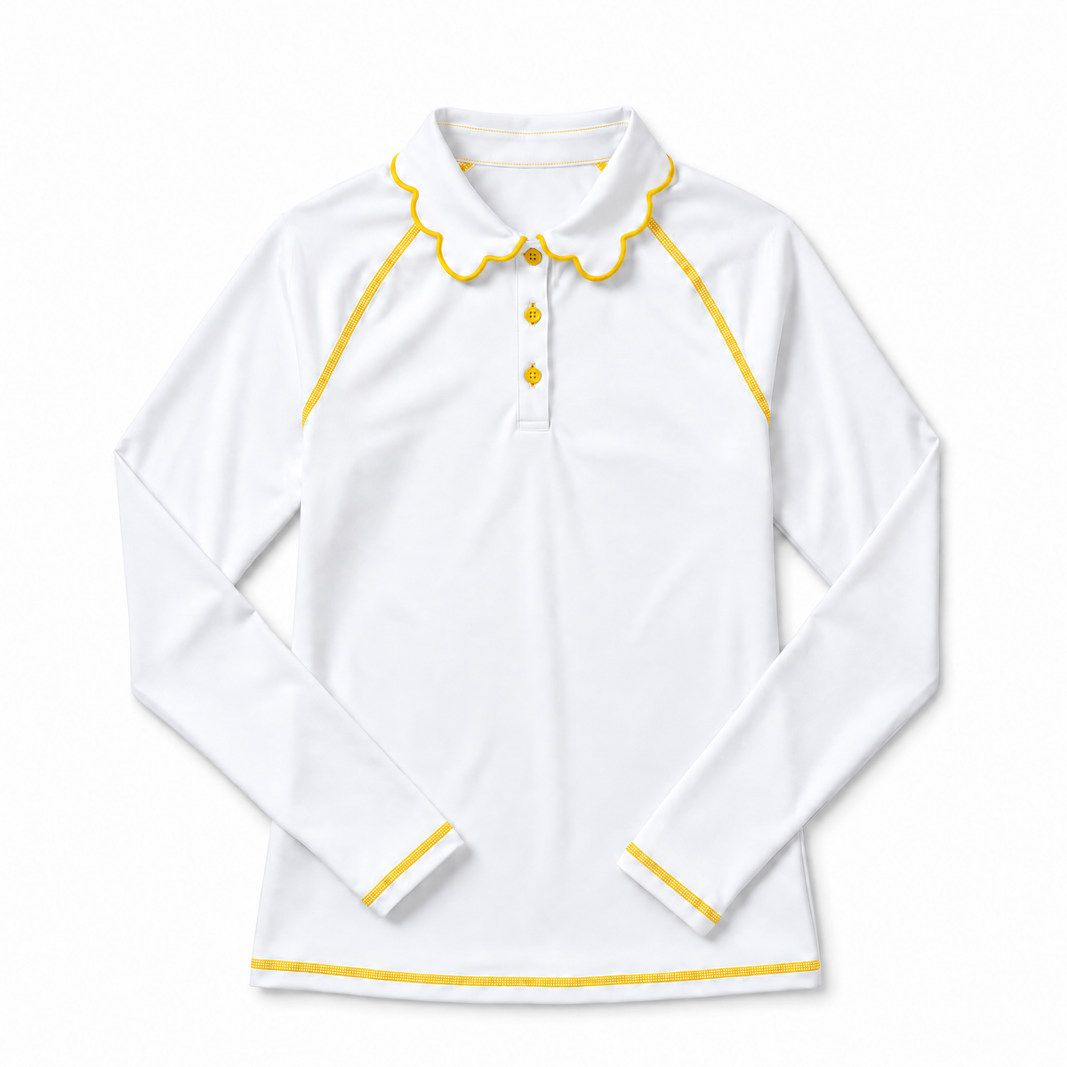 A white long-sleeve collared shirt with yellow trim details, including a scalloped collar, button placket, and sleeve cuffs, shown on a plain white background.