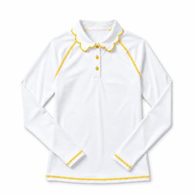 A white long-sleeve collared shirt with yellow trim details, including a scalloped collar, button placket, and sleeve cuffs, shown on a plain white background.