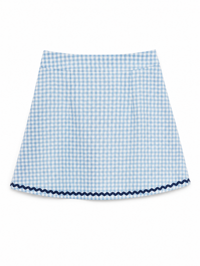 A light blue and white gingham mini skirt with a navy blue scalloped trim along the hem, displayed flat against a white background.