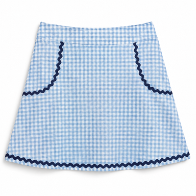 A light blue and white gingham skirt with dark navy blue zigzag trim along the waistband, pocket edges, and bottom hem, shown flat against a white background.