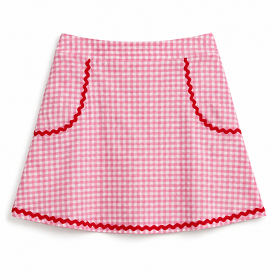 A pink and white gingham mini skirt with red wavy trim along the pockets and hem, displayed flat against a white background.
