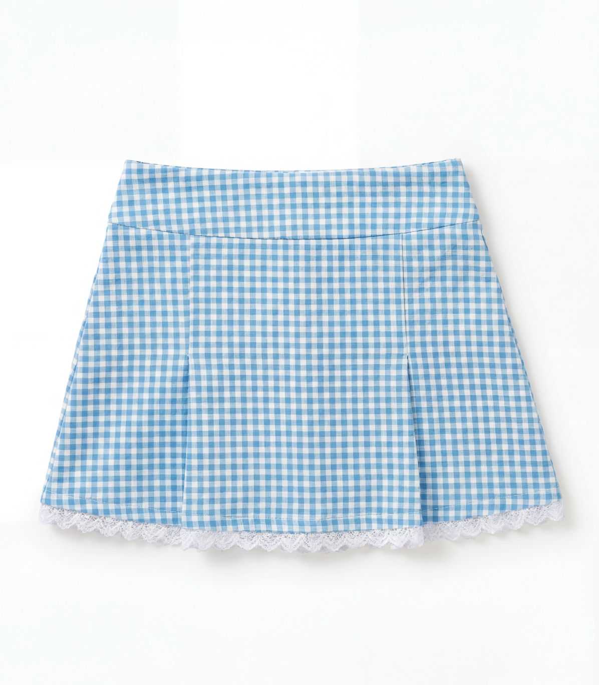 Blue and white gingham skirt with white lace trim on a flat white background