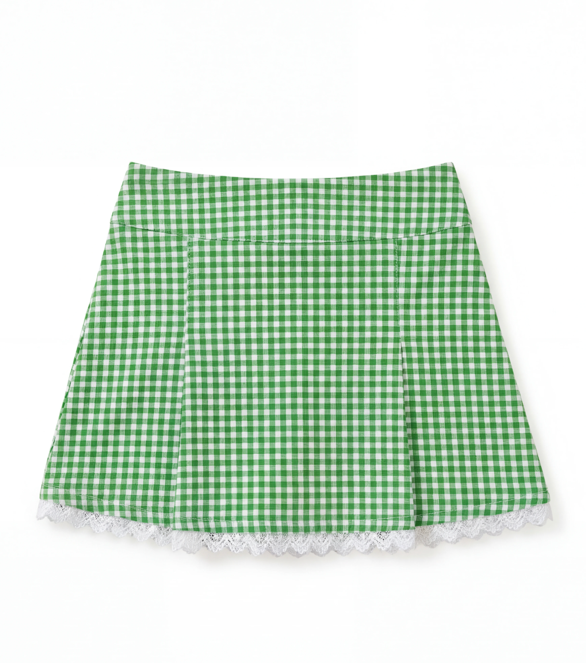 Green and white gingham skirt with white lace trim on a flat white background