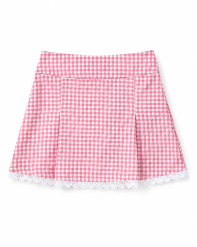 A pink and white gingham pleated mini skirt with a white lace hem, shown flat against a white background.