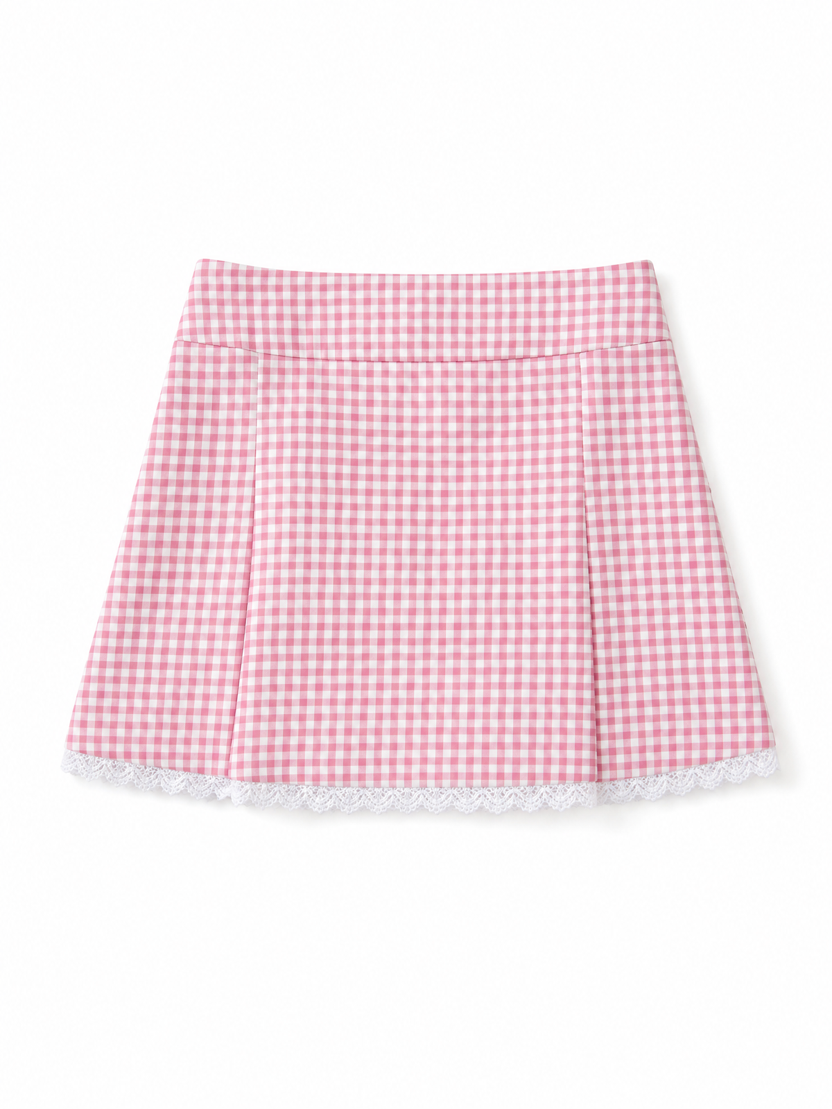 A pink and white gingham pleated mini skirt with a white lace hem, shown flat against a plain white background.