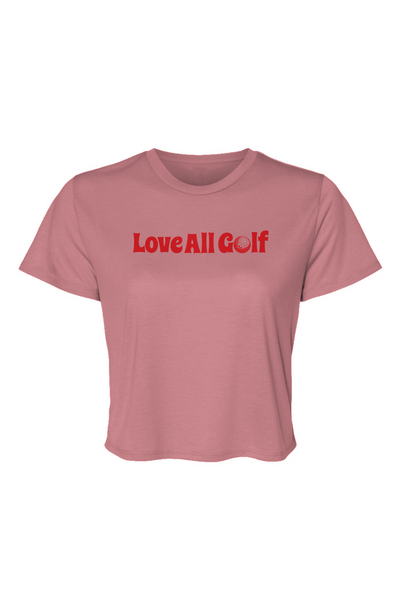 Mauve t-shirt with "Love All Golf" on the front in red text on a white background